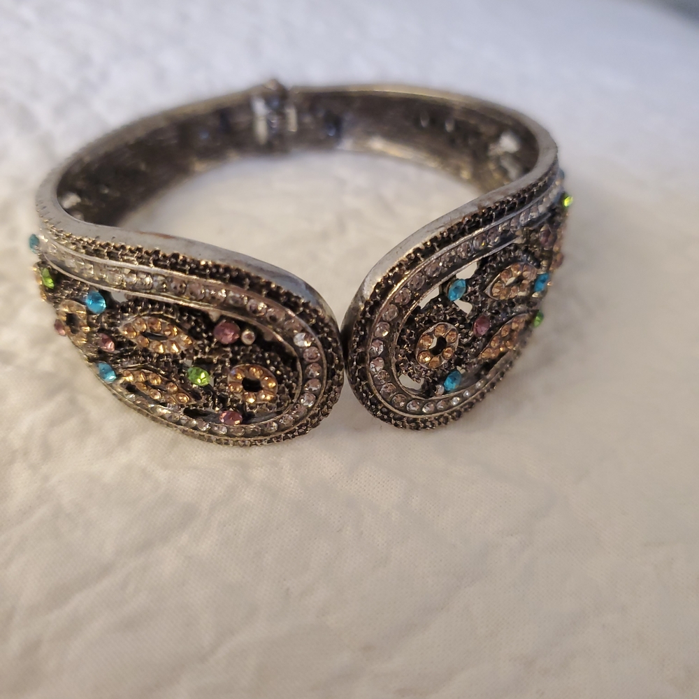 Sculptural Sparkly Edgy Cuff Avant Garde Filigree Gem Stone Hinge Bracelet